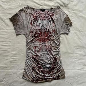 Y2K grey pink sublimation print ruched mini bodycon dress Size medium, stretchy